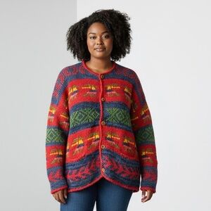 Women Wool hand knit Colourful Aztec Art to Wear Cardigan 1X  vibrant spring